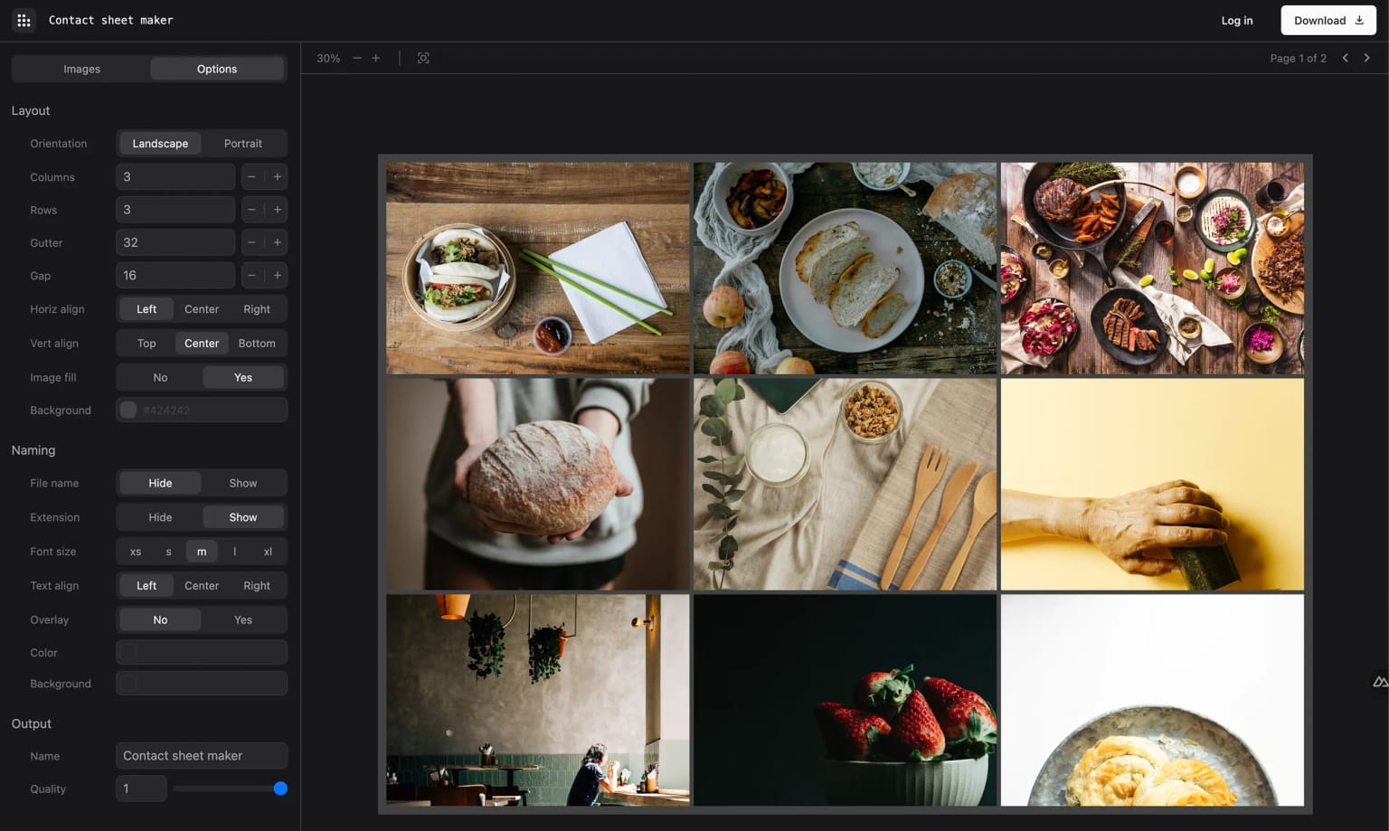 ContactSheetMaker contact sheet editor with layout controls, image grid, and branding options