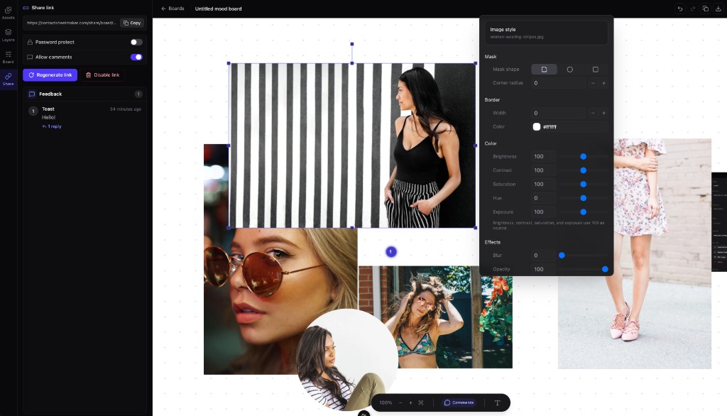 ContactSheetMaker mood board editor showing image styling, share link panel, and client comments